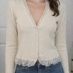 ROUJE PARIS | Lace-trimmed Wool Cardigan Sweater | Ret $230 | 34 - PTP 16